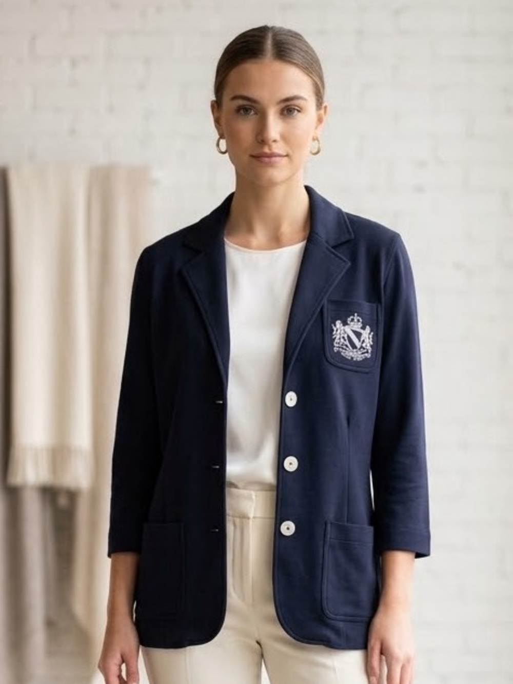 Lauren Ralph Lauren Knit Embroidered Crest Blazer
